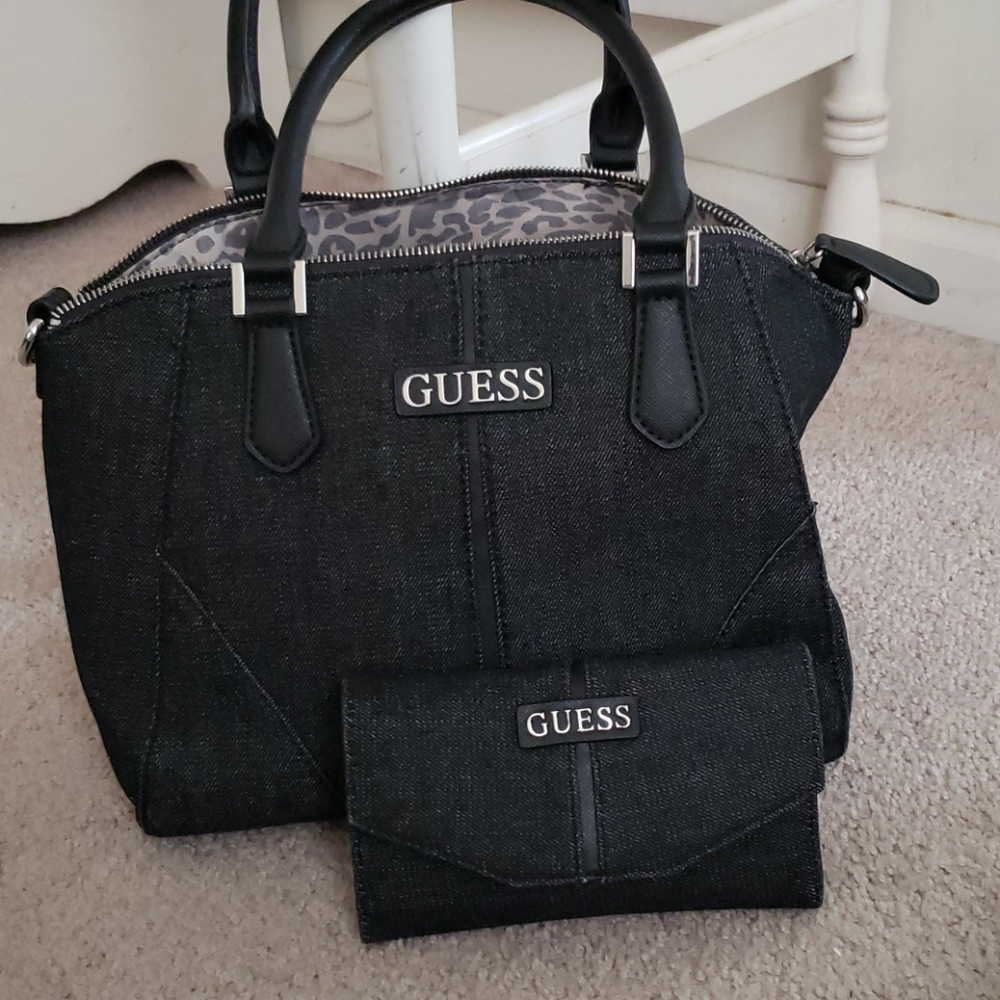 Black denim Guess bag and matching wallet